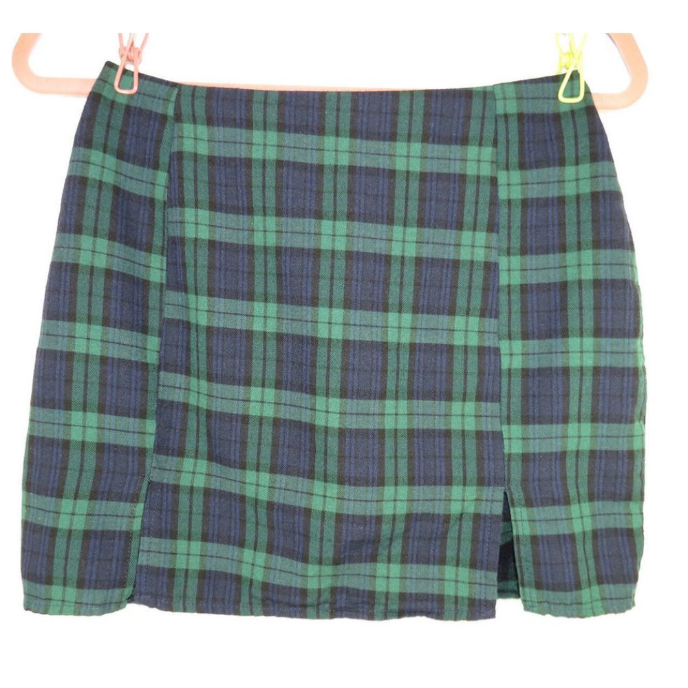 Women's Size Small Sexy Green/Navy/Black Plaid Mini Skirt, Zip Back, Front Slits